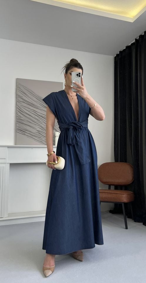 Mavi Bağlama Detaylı  Denim Elbise