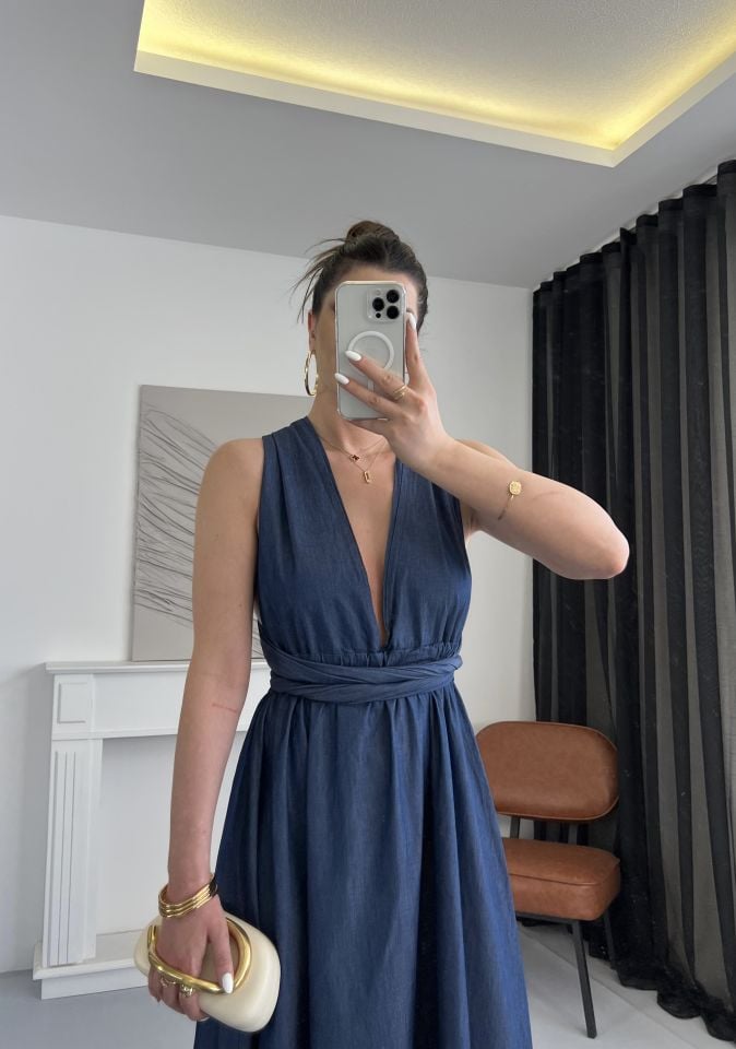 Mavi Bağlama Detaylı  Denim Elbise