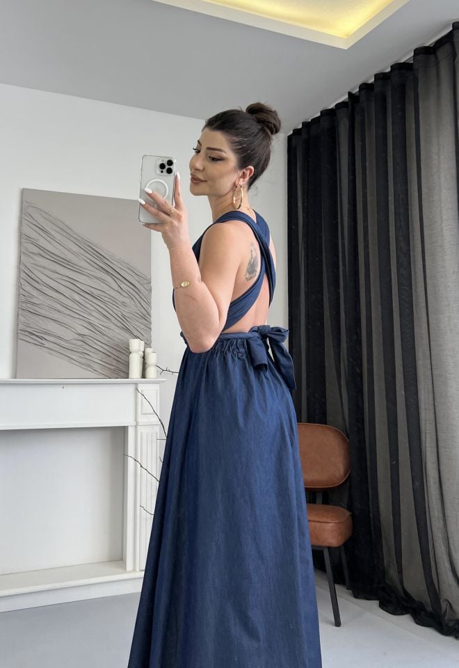 Mavi Bağlama Detaylı  Denim Elbise