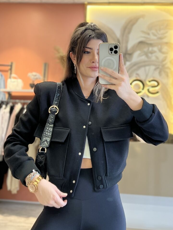 Siyah Kaşe Bomber Ceket