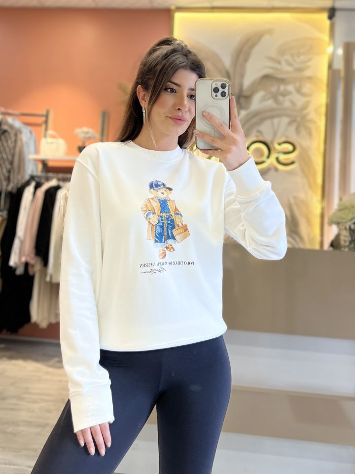 Beyaz Baskılı Sweatshirt