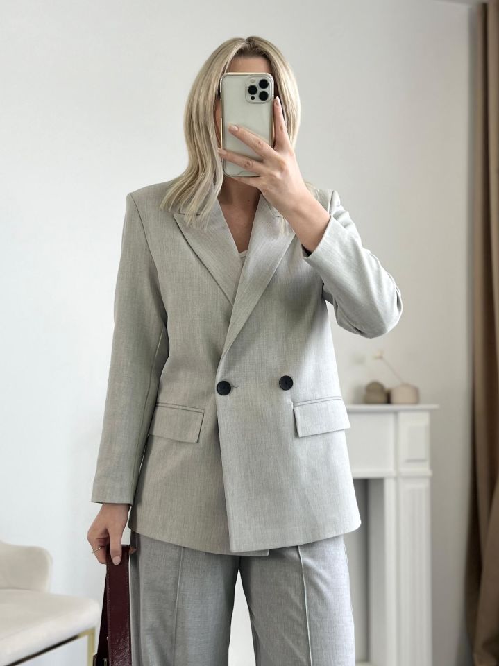 Gri Kruvaze Blazer Ceket