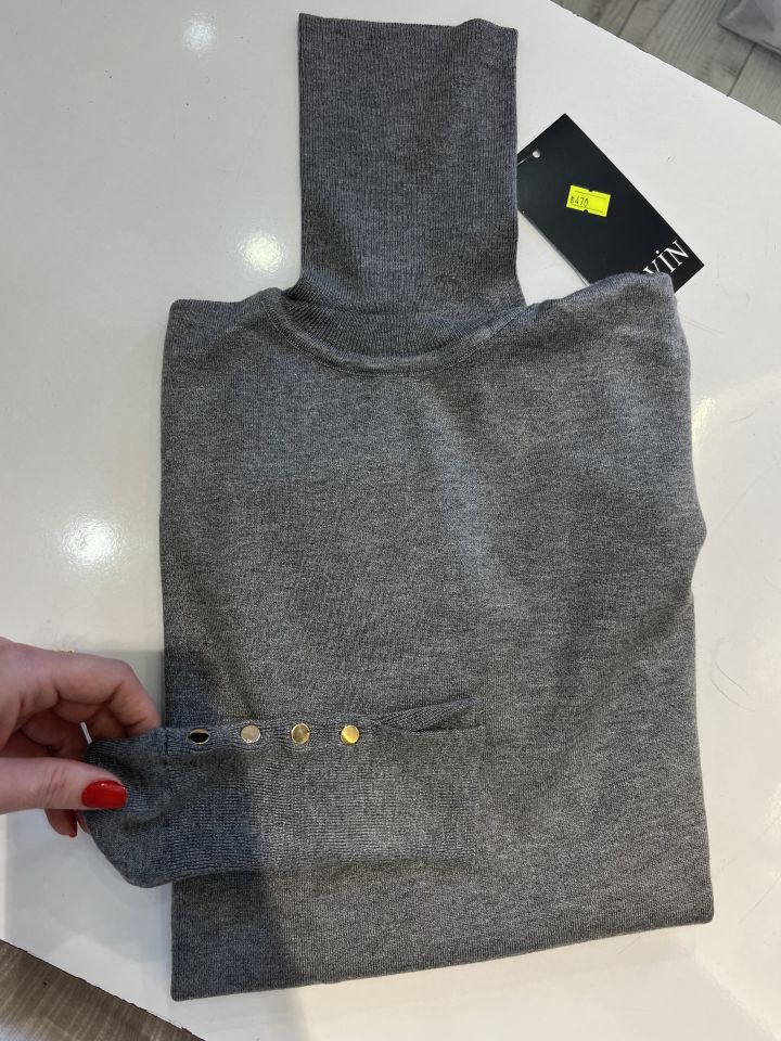 Gri Gold Düğme Detay Tam Balıkçı Body