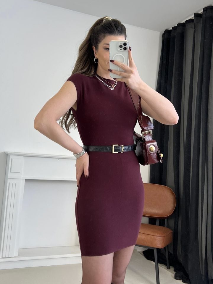 Bordo Streç Örme Mini Elbise