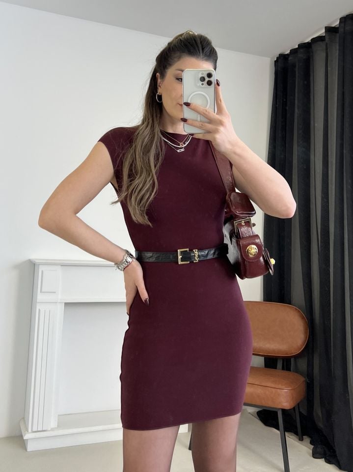 Bordo Streç Örme Mini Elbise