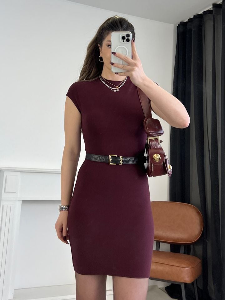 Bordo Streç Örme Mini Elbise