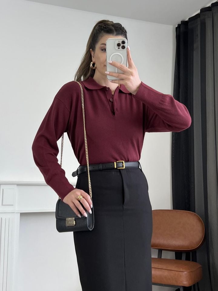 Bordo Polo Yaka Triko Kazak