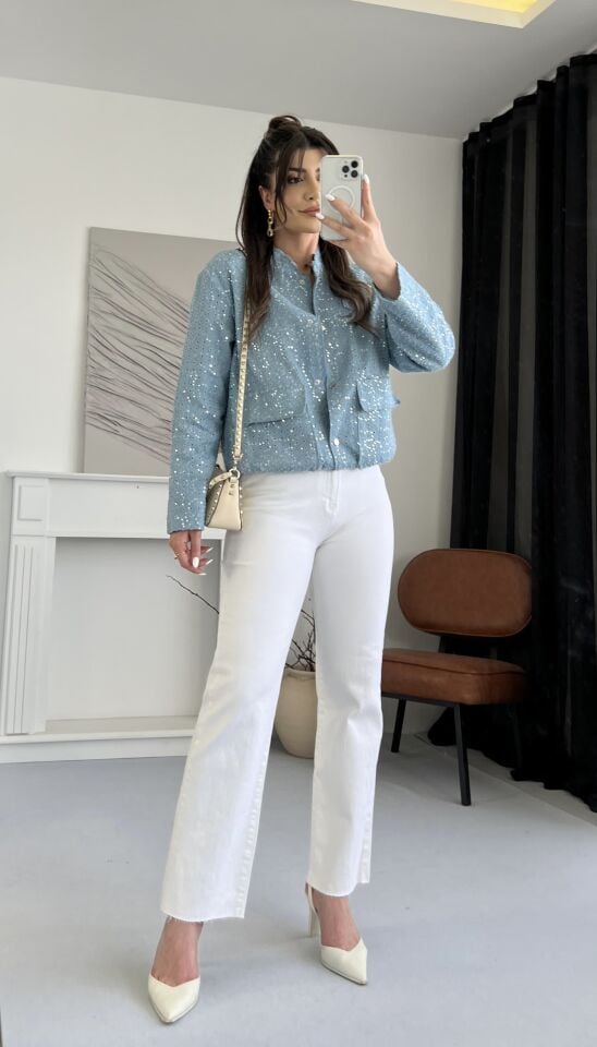Kemerli Tok Beyaz Flare Jean
