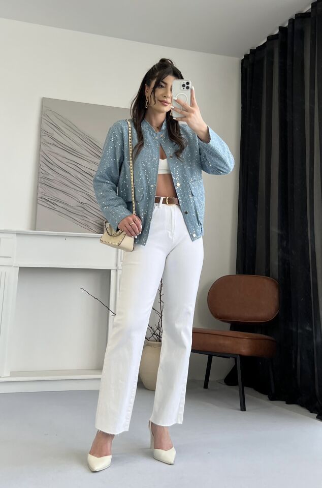 Kemerli Tok Beyaz Flare Jean